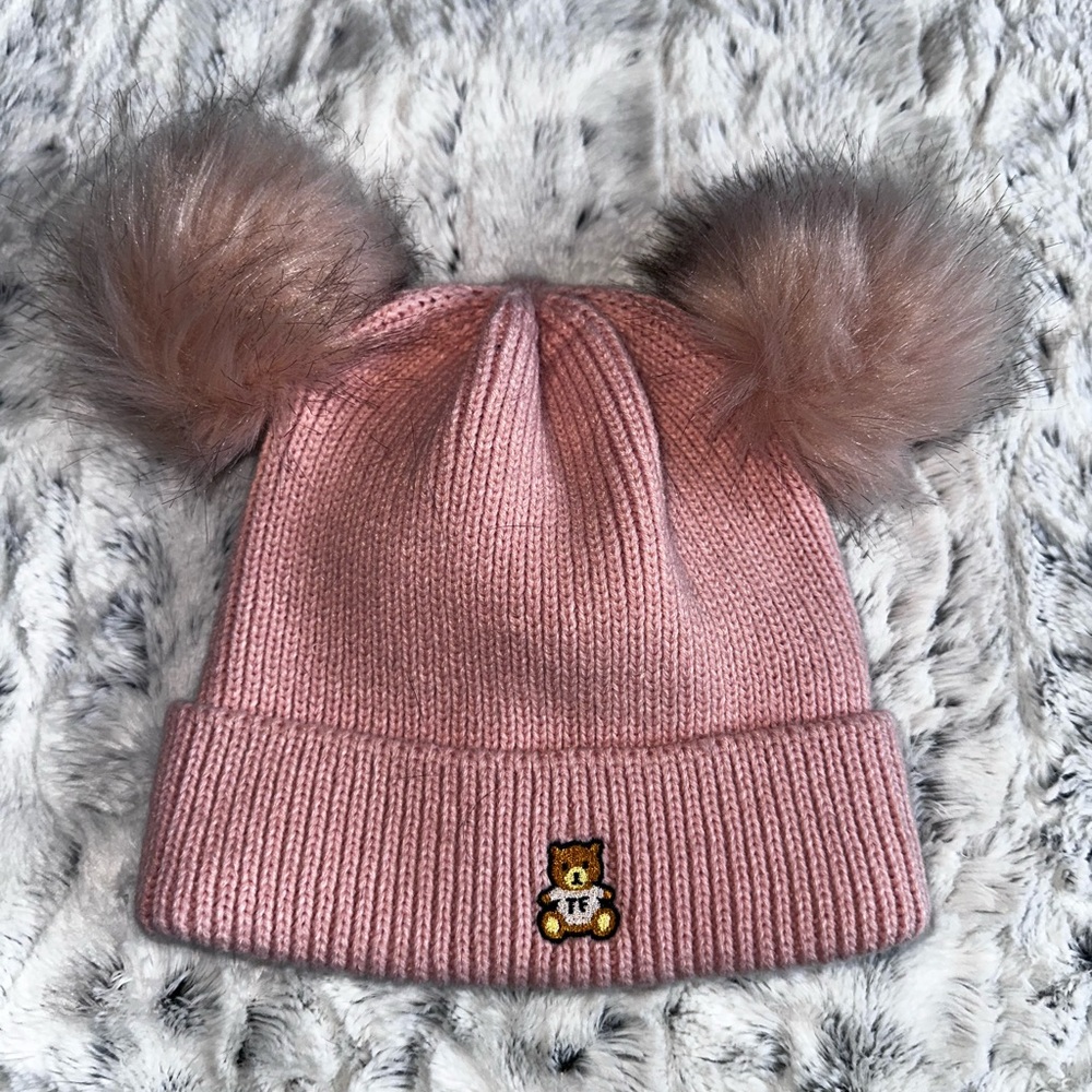 Teddy Fresh Pink Knit Hat with Fluffy Brown Pom-Poms